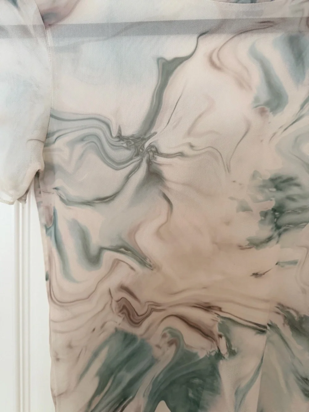 Stradivarius Sheer Marble Print Short Sleeve Top - Cream & Green - Picture 2 of 6